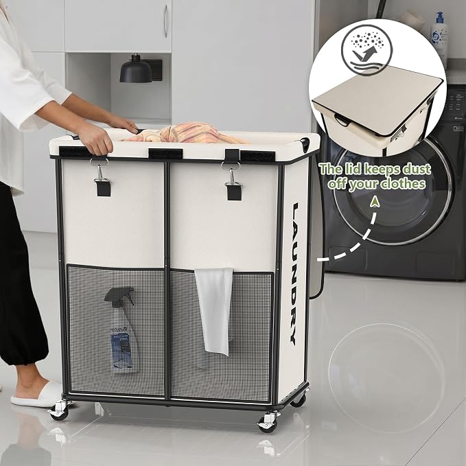 Laundry Hamper with Wheels and Lid, 225L Large Rolling Laundry Basket White | Heavy Duty Clothes Organizer, Sturdy Metal Frame, Lockable Swivel Casters, Removable Bag, For Bedroom, Bathroom, Laundry Room