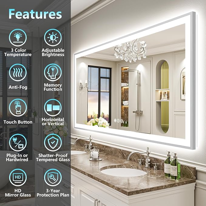 84x32 Inch Brushed Nickel LED Bathroom Mirror, Backlit & Front Lit | Silver Framed Anti-Fog Lighted Vanity Mirror with Lights, 3 Color Dimmable, Memory, HD Tempered Glass, CRI95, IP54, UL Listed
