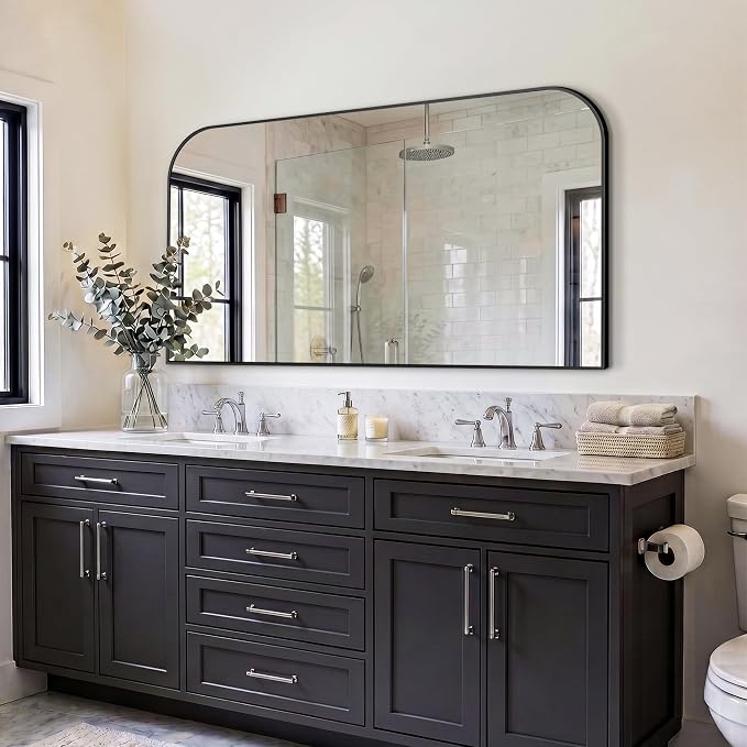 Bathroom Black Vanity Mirror for Over Sink, 30" x 55" | Metal Framed Rounded Corner, Shatterproof Glass, for Bedroom, Living room, Entryway