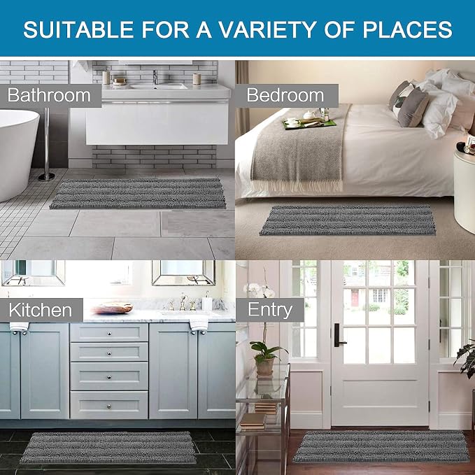 H.VERSAILTEX 2 Piece Bathroom Set - Super Absorbent Chenille Striped Bath Mats - Non Skid, Machine Washable - Grey, 47 x 17 Plus 17 x 24 - Inches