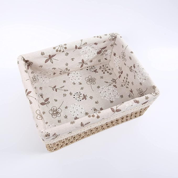 YRHOME YRMT Storage Baskets Set of 3,Decorative Paper Rope Woven storage Baskets with Liner,Rectangular Storage Bins Container for Makeup Bedroom Shelves Organizing,Home Deco, Beige