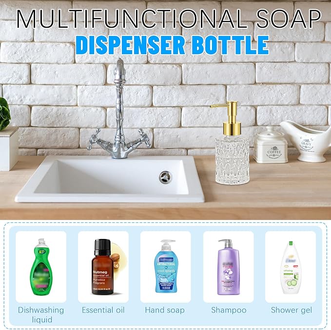 Soap Dispenser Bathroom, Glass Hand Soap Dispenser with Gold Pump | Small Crystal Soap Dispenser for Bathroom/Kitchen Refillable Liquid for Dish Soap,Hand Soap,Essential Oil & Lotion