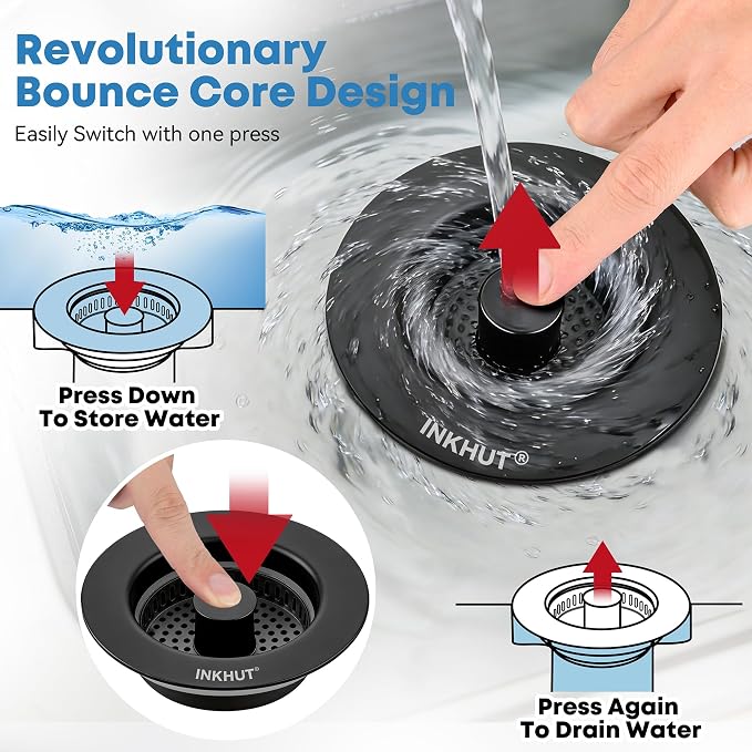 Upgraded 3 in 1 Kitchen Sink Drain Strainer (Black) | Stainless Steel Sink Stopper, Anti-Clogging Food Catcher Basket, Bounce Core Drain Strainer Plug for 3 1/2 inch Drain