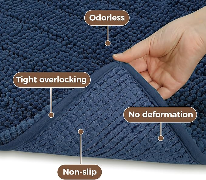 Bcoimo Bath Rug Mat Sets, 2 Piece High Absorbent Chenille Bathroom Mat Navy | Non Slip with Rubber Backing Bathroom Rugs set; Machine Washable;Extra Soft Bath Rug;High Absorbent、Quick Dry Microfiber mat