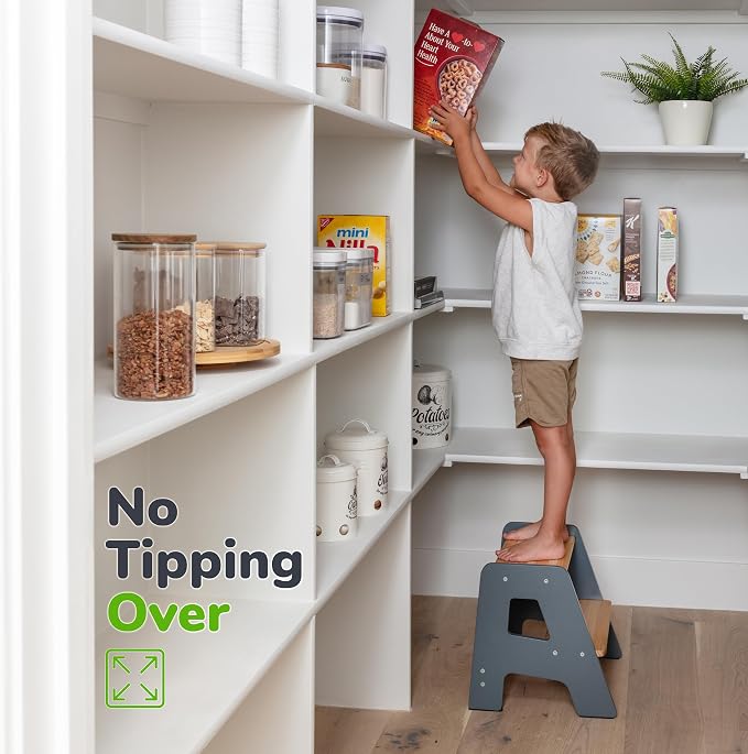 2-Step Wooden Toddler Step Stool for Bathroom Sink & Kitchen Use - Gray | Non-slip steps and padded feet for extra stability. Lightweight to carry, safely supports ages 2+ and adults up to 250 lbs.