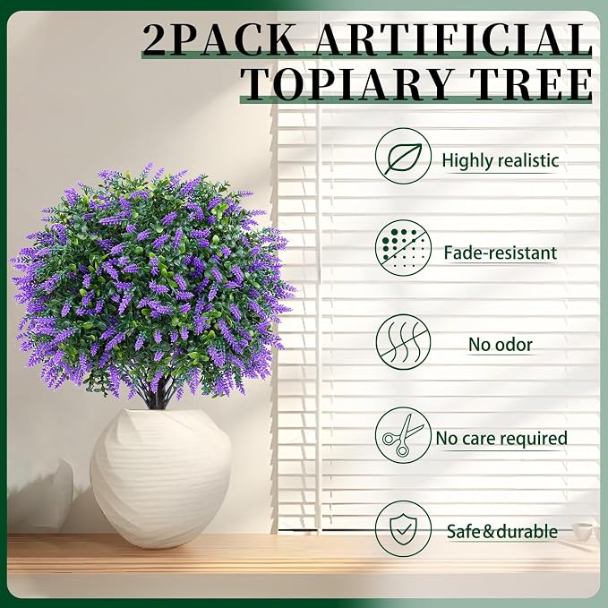 Artificial Boxwood Topiary Ball Lavender, Set of 2 UV Resistant | Fake Shrubs Bushes with Ground Spike, Faux Greenery Flower, Evergreen Fake Plants for Outdoor Indoor Front Porch Garden