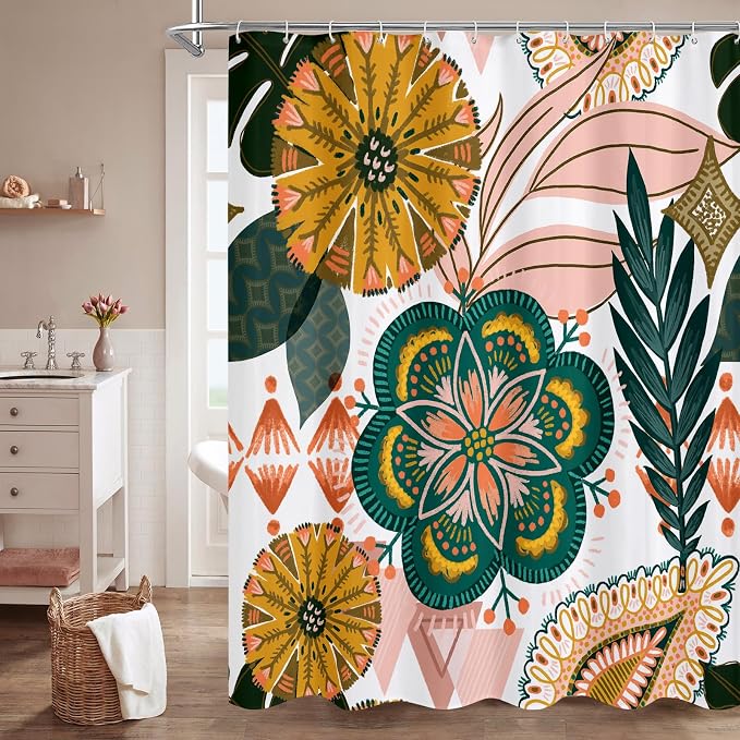 MitoVilla Boho Floral Pink Shower Curtain, Modern Flower Shower Curtains for Rustic Vintage Bathroom Decor, Abstract Fabric Cloth Shower Curtain, Colorful Tropical Leaves, 72x72