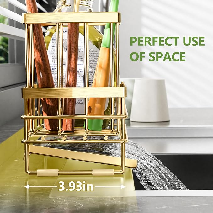 Cisily Gold Sink Caddy Sponge Holder for Kitchen with Brush Holder and Stainless Steel Self Drain Tray, Rustproof Kitchen Sink Organizer for Sponge, Soap Dispenser Storage Accessories