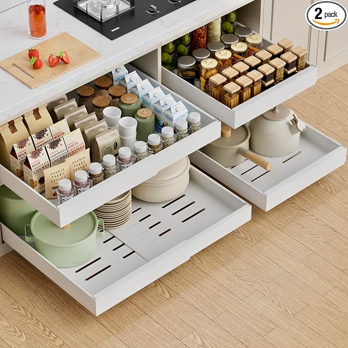PAKETA 2 Pack Expandable Pull Out Cabinet Organizer,21" Deep | Pull Out Drawers for Cabinets with width from 12" to 20",Sliding Drawers for Cabinets with Upgrade 3 Slide Rails,hold 65 lbs