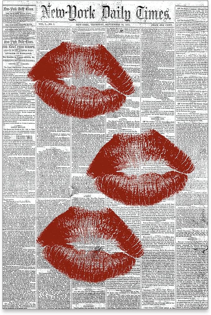 Haitunone Black White Newspaper Canvas Wall Art Fashion Red Kiss Lips Aesthetic Poster Trendy Girly Sexy Canvas Prints for Bar Cart Makeup Room Wall Decor 24X36 inch Unframed