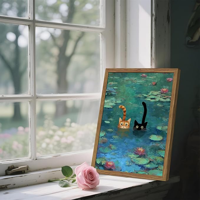 Framed Cat Wall Art, Vintage Whimsical Claude Monet Canvas Wall Decor Painting, Cute Funny Water Lilies Cat Poster Print Picture for Living Room Bedroom Bathroom 16x24 Inch