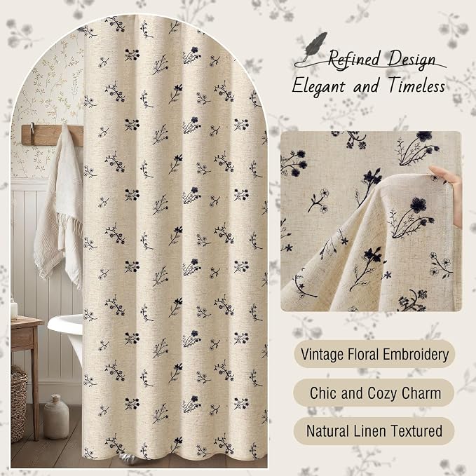 Black Floral Farmhouse Vintage Linen Shower Curtain, French Country Embroidered Textured Shower Curtains for Bathroom, 72Wx72H