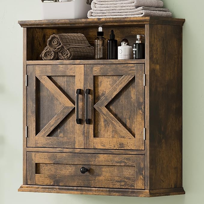Bathroom Wall Cabinet, Wall Mounted Medicine Cabinet 24.4"H x 23.6"W x 9"D | With Drawer, Barn Doors & Adjustable Shelf, Rustic Brown Over Toilet Farmhouse Cabinet for Kitchen, Laundry Room, Entryway