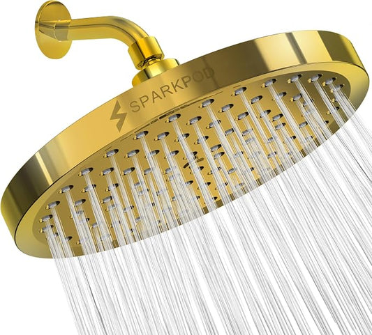 SparkPod Rain Shower Head, 8 Inch Round, Egyptian Gold Finish | High Pressure Shower Heads, 90 Nozzles, Adjustable Showerhead, No Tools Needed, Universal Connection