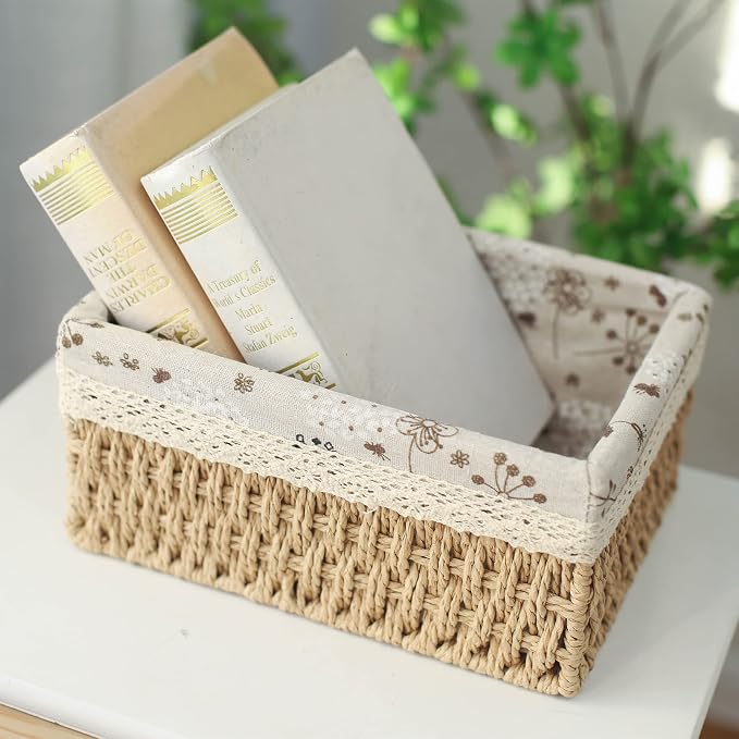 YRHOME YRMT Storage Baskets Set of 3,Decorative Paper Rope Woven storage Baskets with Liner,Rectangular Storage Bins Container for Makeup Bedroom Shelves Organizing,Home Deco, Beige
