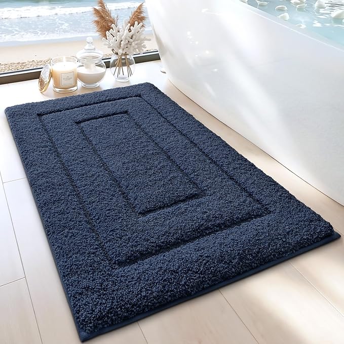 DEXI Bathroom Rugs 24x16, Non-Slip and Absorbent Bath Mat, Navy | Machine Washable, Soft Plush Microfiber Bathmat with Rubber Back, Quick Dry Small Rug for Shower, Tub, Sink