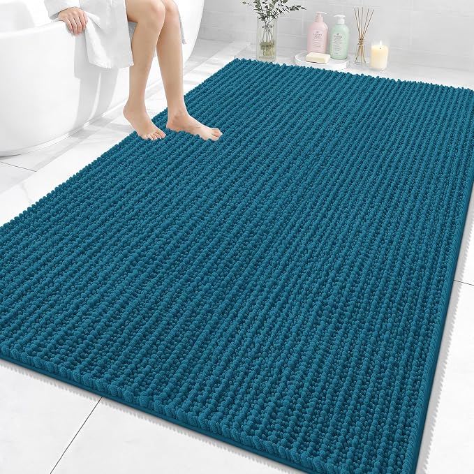 OLANLY Large Bathroom Rugs 70x46, Thick Soft Absorbent Chenille Bath Rugs | Peacock Blue, Quick-Drying Rubber Backing, Shaggy Bath Mat, Washable for Floor, Tub and Shower, Home Decor Accessories