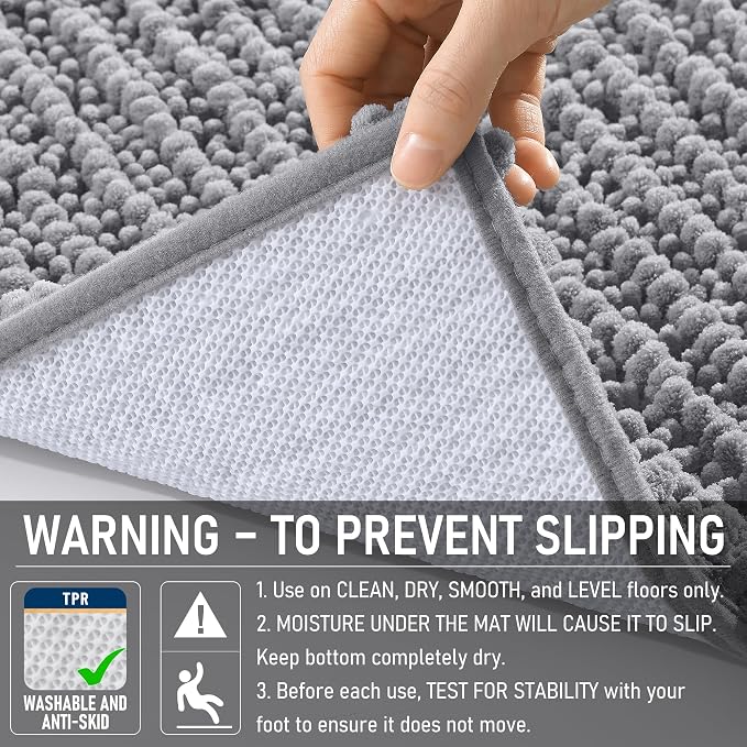 OLANLY U-Shaped Toilet Rug 24x20, Thick Soft Absorbent Chenille Contour Rug | Grey, Shaggy Bathroom Mat with Non-Slip Rubber Backing, Quick-Drying, Machine Washable for Toilet, Home Decor Accessories