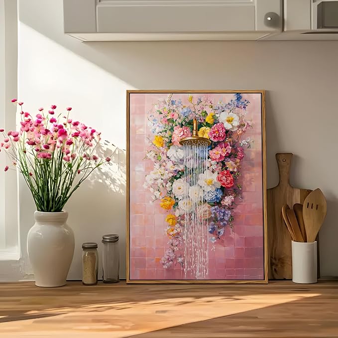 Floating Framed Floral Shower Wall Art, Pink Bathroom Flower Canvas Print, Romantic Blooming Roses Waterfall Painting, Cottagecore Botanical Wall Decor for Bathroom Bedroom Living Room 12x16 Inch