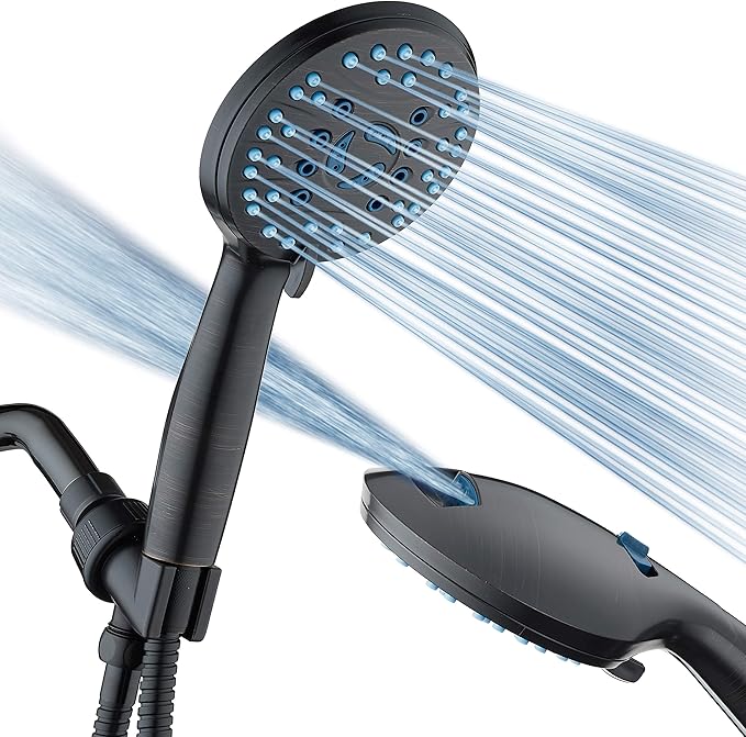 AquaCare 8-mode High Pressure Handheld Shower Head with 2-mode Power Wash | Stay Clean Nozzles, Dual Power Wash for Tub, Tile & Pets, Long 6 ft. Stainless Steel Hose, Wall & Overhead Brackets / Bronze