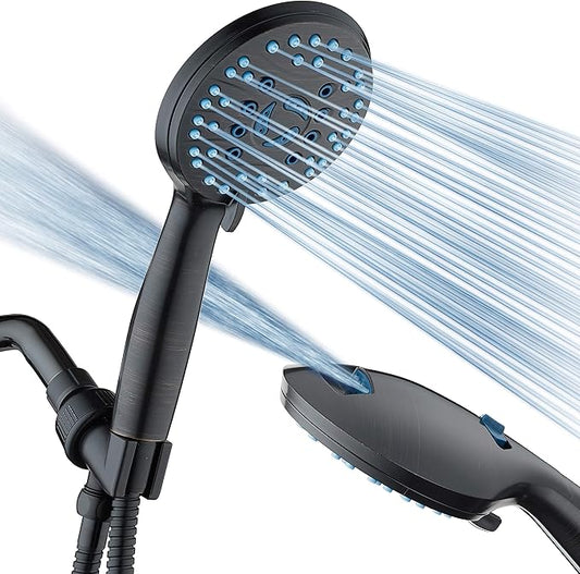 AquaCare 8-mode High Pressure Handheld Shower Head with 2-mode Power Wash | Stay Clean Nozzles, Dual Power Wash for Tub, Tile & Pets, Long 6 ft. Stainless Steel Hose, Wall & Overhead Brackets / Bronze