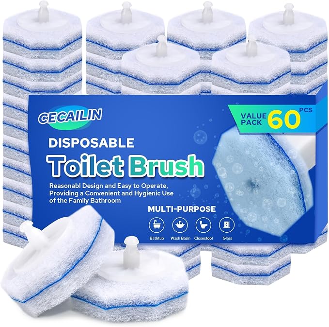 60pcs Toilet Bowl Cleaner Refills, Scrubber Pads Value Pack | Compatible with most toilet cleaning wands, value refill pack with disposable scrubber pads for everyday bathroom cleaning