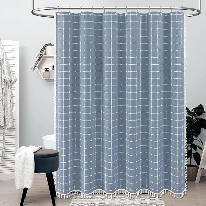 60x84 Boho Farmhouse Linen Heavy Duty Fabric Shower Curtain Set, Blue | Narrow Long Size, 330GSM Linen Blend, 3-side Tassels, Water Repellent Cloth, 10 Hooks, Rustic Bohemian, Machine Washable