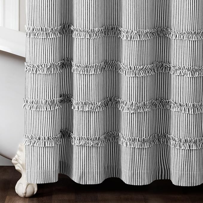 Lush Decor Vintage Stripe Yarn Dyed Cotton Shower Curtain, 72" x 72", Black