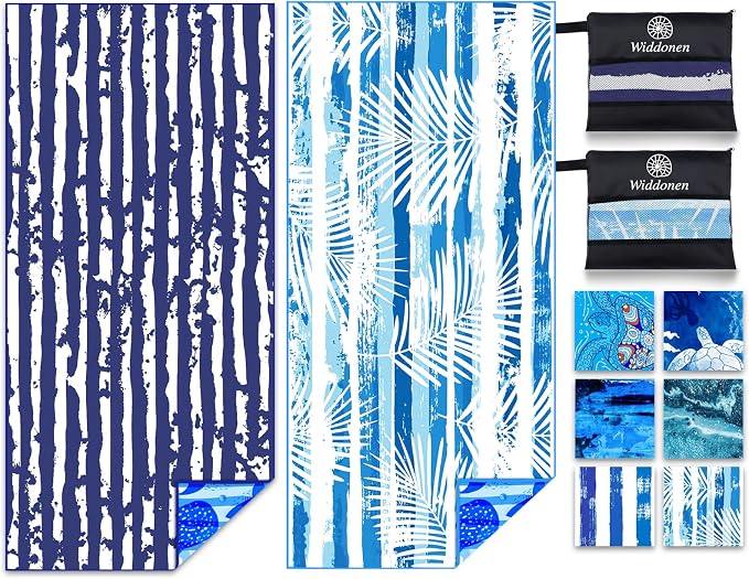Widdonen Microfiber Beach Towel,Compact 2 Pack-71x32 Inch with Bag Travel | Extra Large,Lightweight,Thin,Sand Free,Quick Dry,Absorbent.Packable for Camping,Swim,Pool,Bath,Picnic,Cruise Essentials Gift