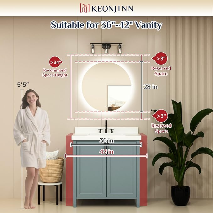 Keonjinn 28 Inch Round LED Mirror, Backlit Mirror Bathroom, 3 Color Lights | Explosion Proof Tempered Glass, Auto-OFF Defogging, Dimmable, Hardwired/Plug in, Circle Makeup Vanity Mirror with Lights