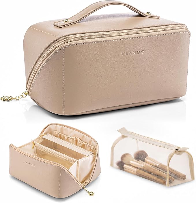 VLANDO Travel Makeup Bag with 180°Opening, Women Toiletry Case,Toffee | Waterproof PU Leather with Zip TPU Pocket,Separate Brush Pouch,Travel Essentials,Skincare,Brushes Organizer,Gifts for Women