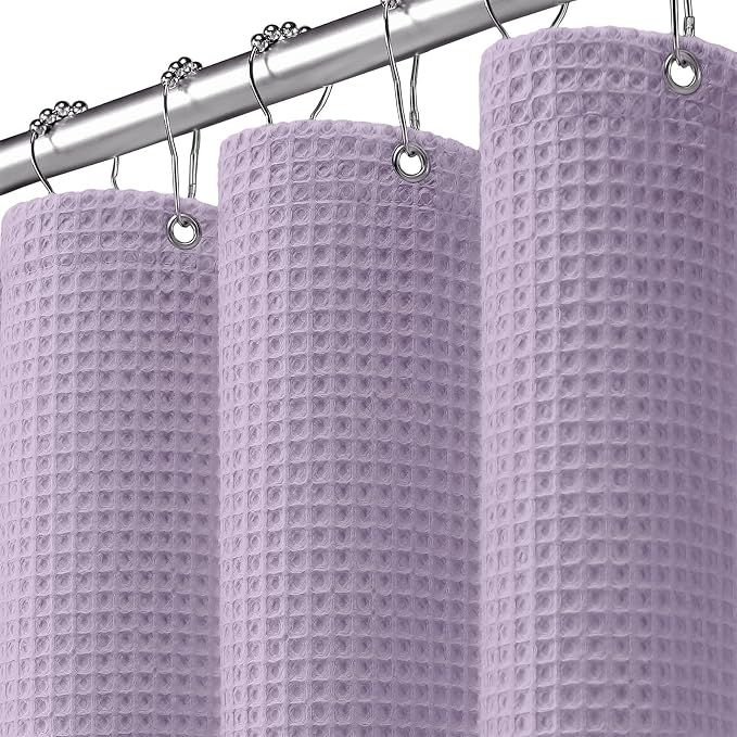 Waffle Weave Shower Curtain Heavyweight Cotton Fabric Lavender 72Wx72L | Soft Cotton Cloth,3D Square Truely Waffle Washable, Hotel Luxury Spa, Shower Curtain Set for Bathroom 12 Plastic Hooks