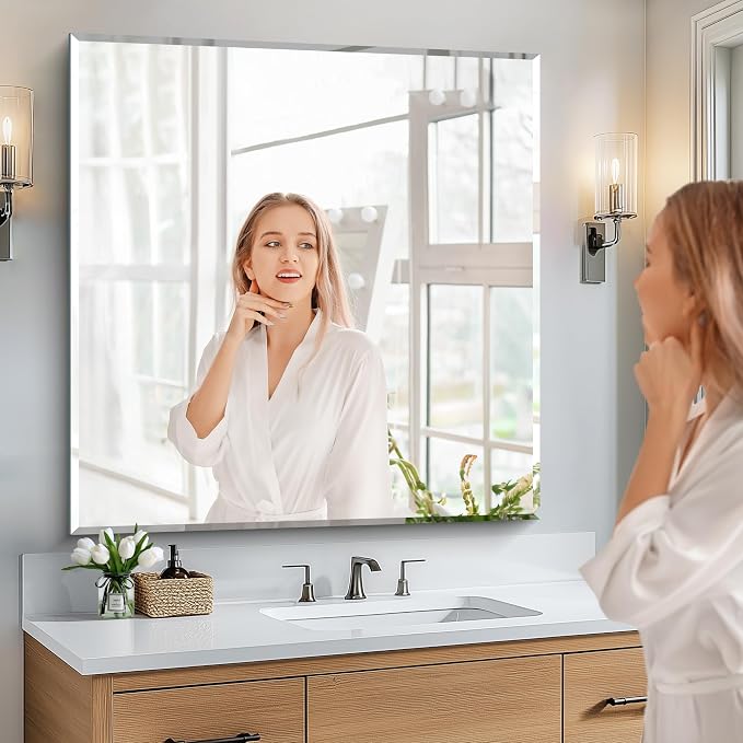 KOCUUY Beveled Bathroom Mirror, 36x36 inch Frameless Rectangle Mirror for Over Sink, Upgraded Shatterproof Unframed Design for Bedroom, Living Room, Entryway
