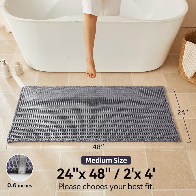 Triohero Waffle Bath Mat, Boho Bathroom Rugs Non Slip Washable, Ultra Soft Super Absorbent Quick Dry Farmhouse Bathroom Decor, 24" x 48", Dark Grey