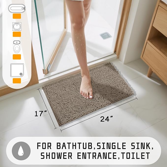 Yimobra Washable Bathroom Rugs, Super Soft & Absorbent Chenille Bath Mat for Floor & Carpet, Quick Dry Non Slip Bath Mat for Tub Shower, 24" x 17",Camel