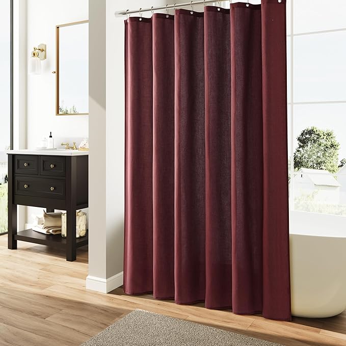 Burgundy Linen Shower Curtain, Country Boho Farmhouse Bath Decor Shower Curtains Neutral Cloth Weighted Textured Fabric Bath Curtain Liner with Hooks, 72x78