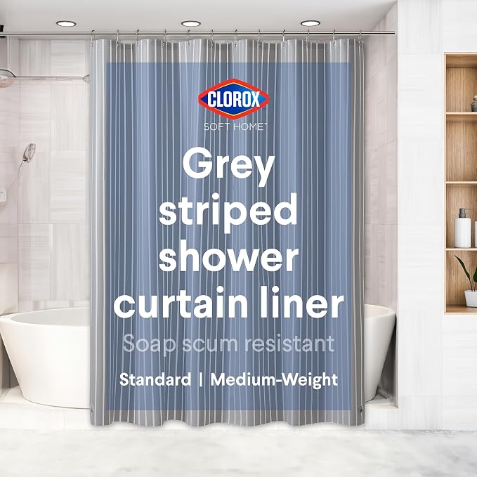 Clorox Shower Curtain Liner, Premium Striped Medium-Weight Durable Waterproof 6g PEVA for Bathroom with Weighted Magnets, Printed Standard Size 72" x 72", Grey