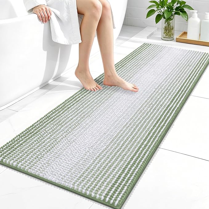 OLANLY Bathroom Runner Rugs 47x20, Chenille Striped Bath Rugs, Sage Green | Extra Soft Absorbent, Rubber Backing, Machine Wash Dry, Bath Mats for Bathroom Floor, Tub and Shower, Home Decor Accessories