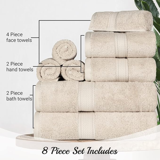 SUPERIOR Egyptian Cotton Ultra Plush & Absorbent, 8 Piece Set, Cream | Quick Dry, Soft Luxury Towel Set, Bath Essentials, Guest Bath, Spa, 2 Bath, 2 Hand, 4 Face Towels, Madeline Towels