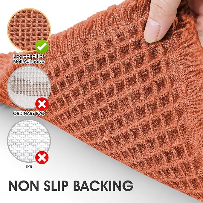 Waffle Bath Mat Burnt Orange 36"x24", Boho Woven Modern Bath Mat Rugs, Absorbent Non Slip Bathroom Rugs, Soft Washable Bath Rugs with Tassels for Bedroom, Kitchen, Shower, Tub