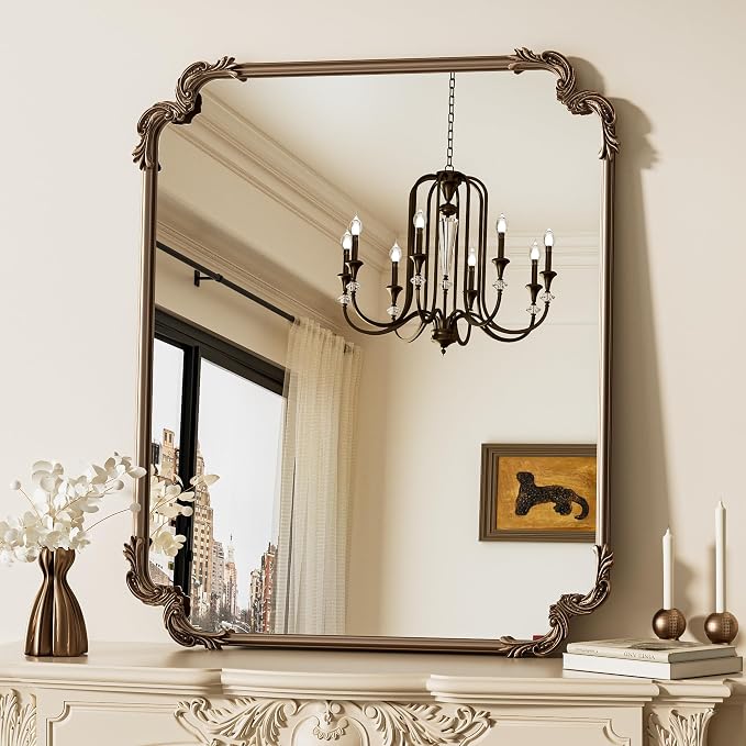 Antique Gold Brass Rectangle Mirror for Mantle Fireplace 30 x 36 Baroque Vintage Ornate Scroll Wall Mirror with Metal Frame for Traditional Victorian French Decor, Horizontal/Vertical