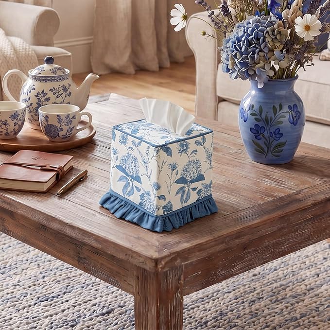 Blue Fabric Ruffle Tissue Box Cover Floral Print Cotton Tissue Box Decorative Square Napkin Holder Vintage Cottagecore Home Decor for Bathroom Bedroom Vanity Countertop Home Office Kitchen