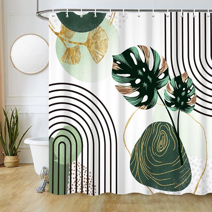 Boho Green Shower Curtain with Hooks for Bathroom 72x84 Inch | Waterproof Abstract Green and Gold Leaves Shower Curtain Set, Mid Century Bathroom Decor