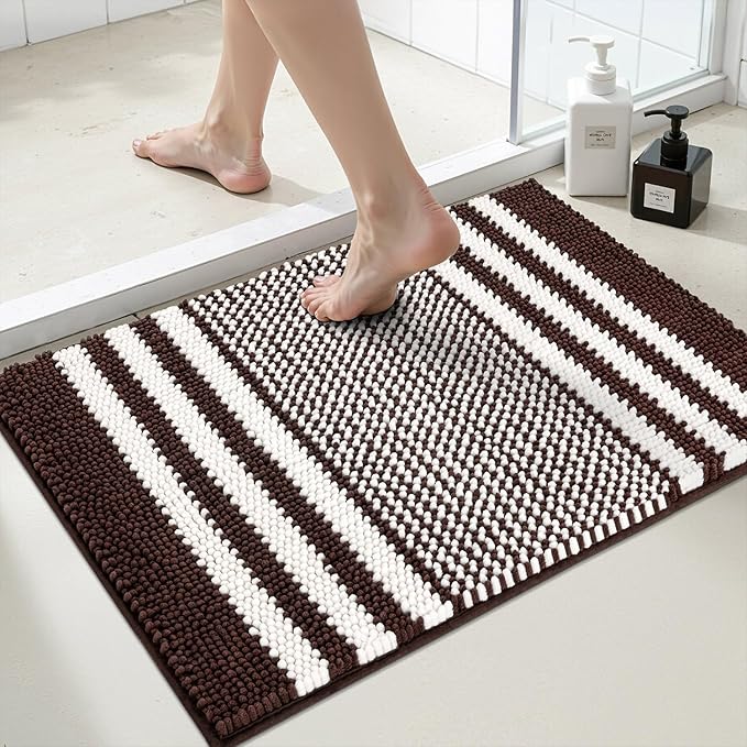 Bathroom Rugs, 24x16 Inch Extra Soft Absorbent Shaggy Chenille Bath Rugs, Non Slip Backing Quick Dry Machine Washable Modern Bath Mat for Bathroom Floor, Home Decor Accessories,Coffee