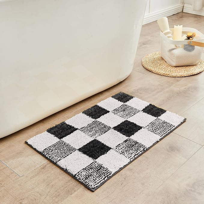 CozeCube Jet Black Checkered Bath Runner 59"x24" Non Slip Washable Rug | For Bathroom Non Slip, Fluffy Absorbent Microfiber Bath Mats Machine Wash, Stylish Long Aesthetic Bathroom Rugs