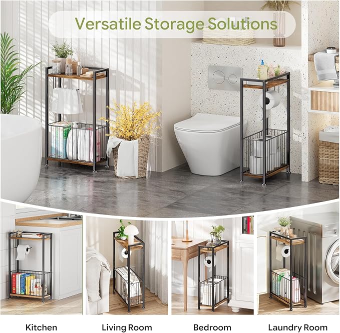 Simple Trending Freestanding Toilet Paper Holder Stand with Storage Shelf, Toilet Roll Dispenser with Large Basket for Phone Tablet Magazine, Bathroom Organizer Bath Tissue Stand, Black