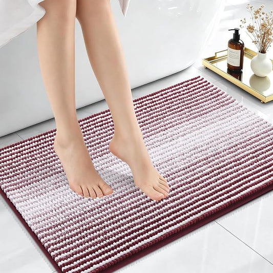 OLANLY Small Bathroom Rugs 24x16, Soft Chenille Striped Bath Rugs, Burgundy | Extra Absorbent, Rubber Backing, Machine Wash Dry, Bath Mats for Bathroom Floor, Tub and Shower, Home Decor Accessories