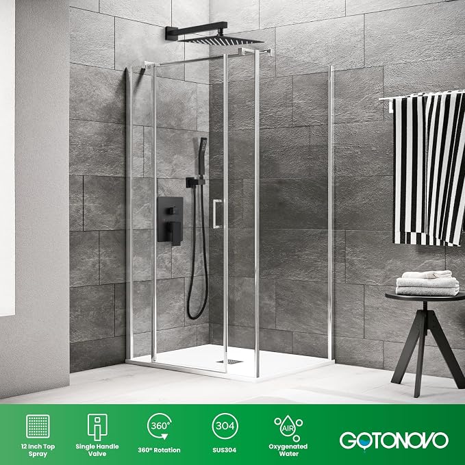gotonovo Shower Faucet Set with Handheld Spray Matte Black,12'' Head | SUS304 Rainfall Shower Head and Handle Set System Fixture,Pressure Balance Valve Trim Kit,Single Handle,Wall Mount,All Metal