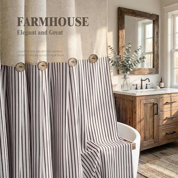 Farmhouse Shower Curtain Linen Beige Button Brown Stripe 72"W x 84"L | Farmhouse Style, Chic Button, Striped, Linen Fabric, Rustic, Country, Natural Look, Washable, for Bathroom Bathtub