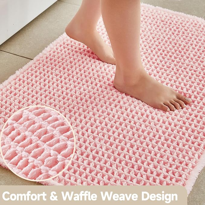 TYUU Light Peachy Pink Bathroom Rugs, Waffle Bath Mat Non Slip Washable Quick Dry Cute Bath Mat Boho Farmhouse Bathroom Decor, 48"x24" Light Peachy Pink